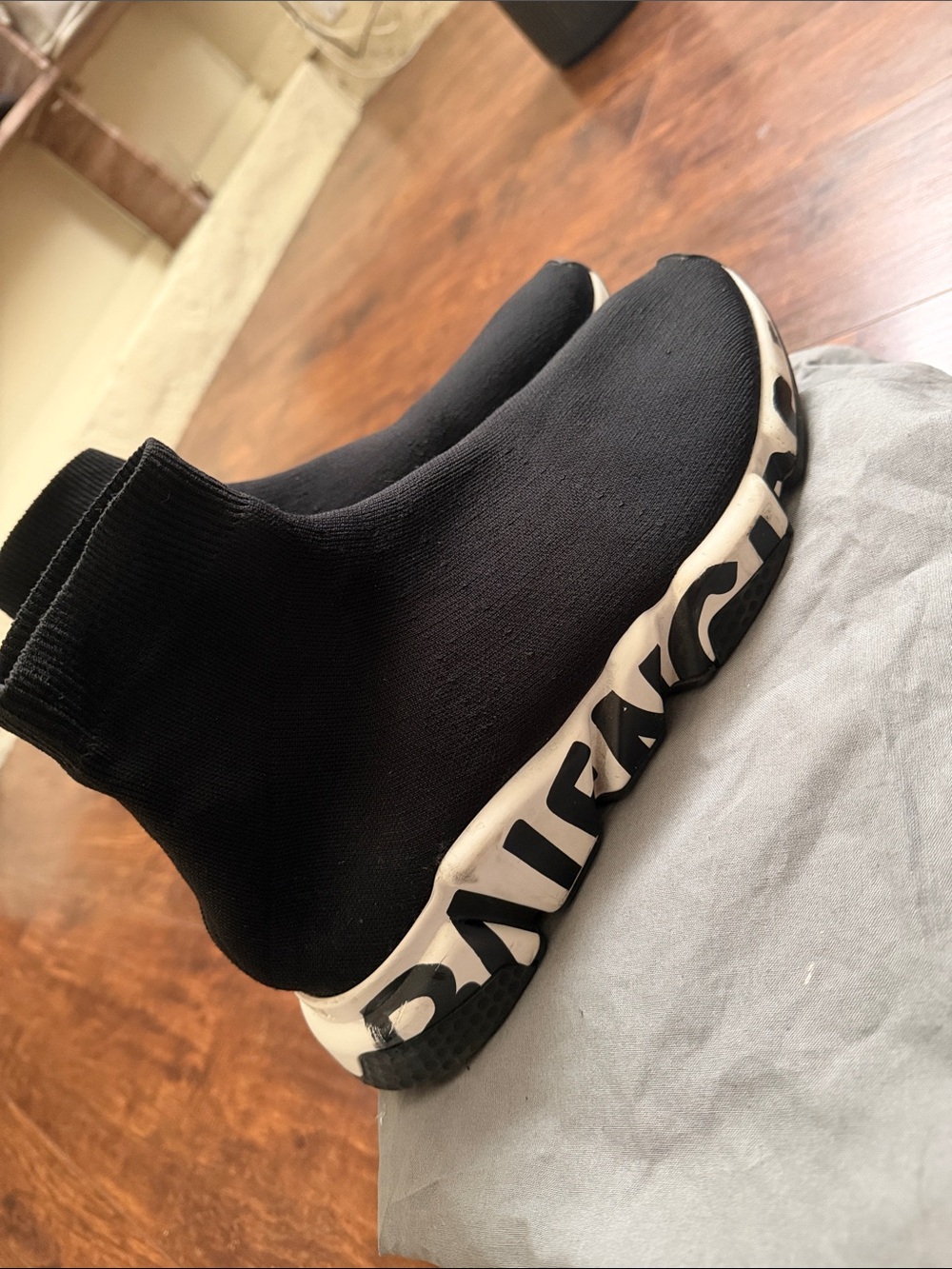 Balenciaga Black Sock Sneaker with White Lettered Sole